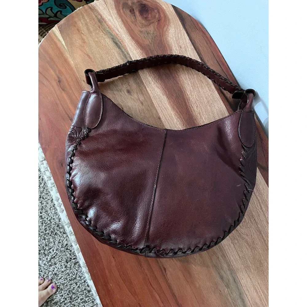 Vintage Mahogany Leather Whipstitch Rose Embossed Hobo Bag Crescent Shoulder Bag